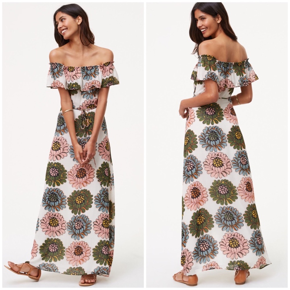LOFT Floral Off-Shoulder Maxi Dress - Pink, Green, Blue
